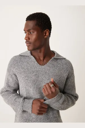 MANGO Grå sweater i chunky strik med V-hals og bred krave