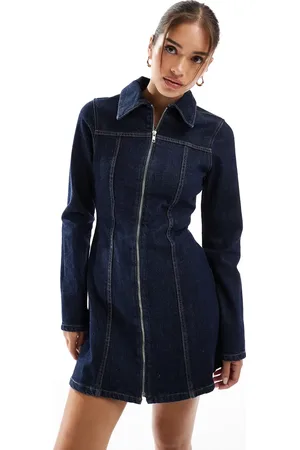 ASOS Skjortekjole i minilængde i denim med lynlås og blækfarvet vask-Blå