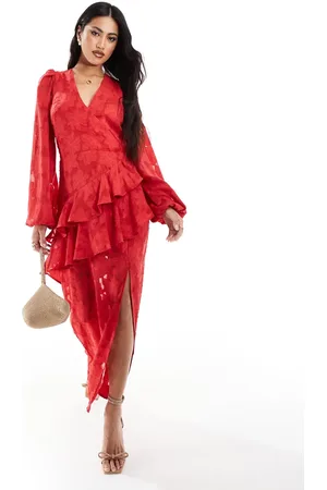 In The Style X Perrie Sian - jacquardvævet asymmetrisk slå-om-maxikjole med flæser