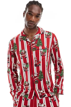 Chelsea Peers Ham og hende - Jule-pyjamassæt med langærmet skjorte med reverskrave og bukser med stribet julemandsprint i vintage-stil i polyester