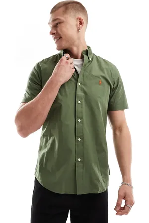 Ralph Lauren Olivengrøn skjorte i poplin med korte ærmer og logoikon