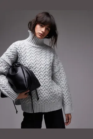 Topshop Oversized lyseblå trøje i kabelstrik med høj hals-Marineblå