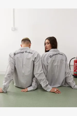 Reclaimed Unisex - Oversized skjorte med striber og logo på ryggen-Multifarvet