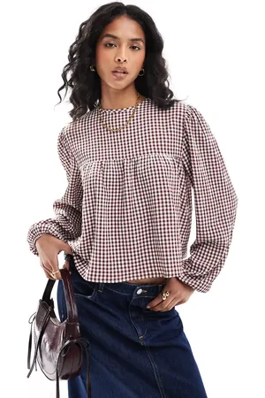 ASOS Rød og cremehvid smock-bluse med lange ærmer og gingham-tern-Multifarvet