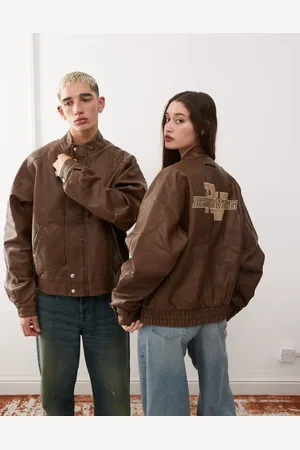 Reclaimed Unisex - Forvasket bomber-jakke med læderlook og dad-snit og branding-Sort