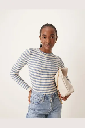 Pieces® Langærmet top med denimblå striber i chunky ribstrik