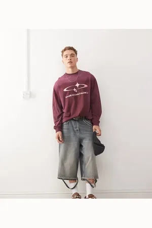 COLLUSION Forvasket lilla T-shirt med lange ærmer og print i skater-pasform-Rød