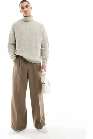 ASOS Lys beige oversized ribstrikket sømandstrøje i snoet garn med rullekrave-Neutral