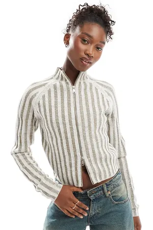 Reclaimed Ribstrikket cardigan med lynlås-Neutral