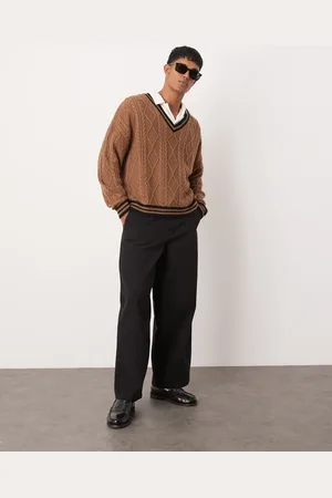 ASOS Oversized cricket-trøje med sorte kanter i kabelstrik i firkantet pasform
