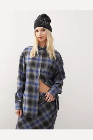 COLLUSION Gråblå oversized skjorte med tern i børstet materiale-Multifarvet