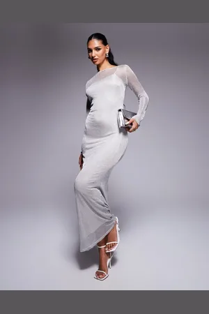 Rare Fashion London - Metallisk sølvfarvet bodycon-maxikjole med svaj i ærmerne i strik