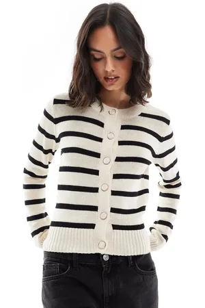 Brave Soul Strikket cardigan med rund hals, guldfarvede knapper og striber i jersey