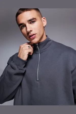 ASOS Premium - Forvasket sort sweatshirt med oversized og firkantet pasform og lynlås i halsen i kraftigt stof på 400 gsm-Grå