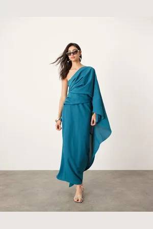 ASOS Turkisblå midikjole med oneshoulder-snit og draperinger
