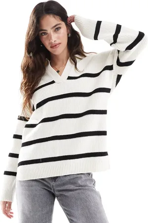 VERO MODA Cremehvid oversized trøje med V-hals og striber