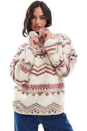 Brave Soul Cremehvid sweatshirt med halv lynlås og print i sherpa-fleece