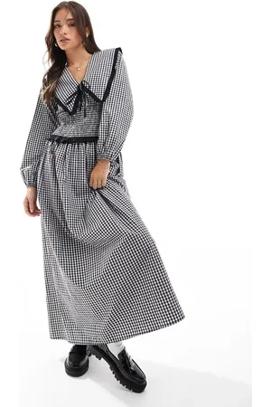 ASOS Maxikjole med rynket talje og krave i monokromt gingham-print-Multifarvet