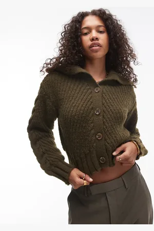 Topshop Kakigrøn cardigan i chunky kabelstrik med krave