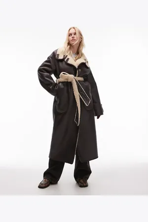 Topshop Mørkebrun og oversized trenchcoat i imiteret læder med rulam