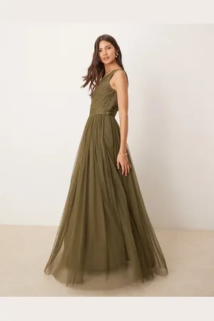 Lace & Beads Brudepiger - Maxikjole i mørk olivengrøn tyl med oneshoulder-snit
