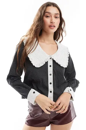 Daisy Street Langærmet stribet bluse med v-hals, knapper og kontrastkrave