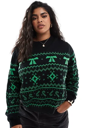 ASOS ASOS DESIGN Curve - Sort og grøn juletrøje med rund hals og Fair Isle-mønster-Multifarvet