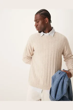 ASOS Afslappet polotrøje i lammeuld i bred ribstrik-Neutral