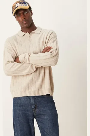 ASOS Afslappet beige polotrøje i lammeuld med bred ribstrik-Neutral