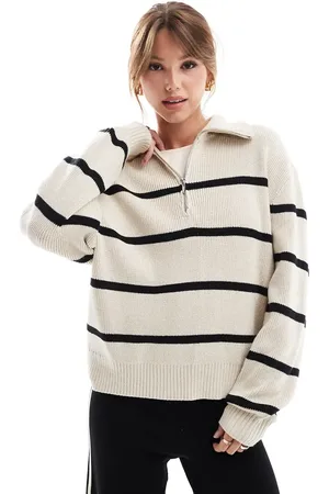 Hollister Beige kabelstrikket trøje med kvart lynlås og striber-Multifarvet
