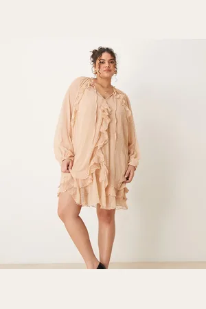 ASOS ASOS DESIGN Curve - Ferskenfarvet minikjole i dobby-chiffon med flæser og blouson-ærmer-Grøn