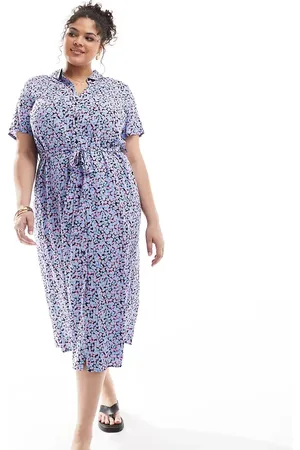 VERO MODA Blå maxi-skjortekjole med knapper og blomstermønster