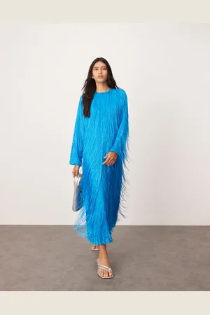 ASOS Klar blå maxikjole med rund hals og frynsedetalje-Multifarvet