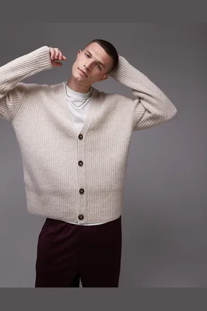 Topman Premium - Ribstrikket og cardigan i lammeuld-Neutral