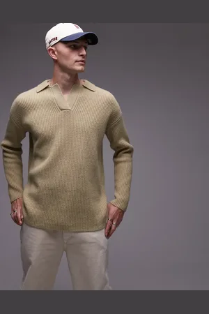 Topman Premium - Afslappet og striktrøje i lammeuld med åben krave-Grøn