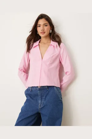Miss Selfridge Pink og figursyet skjorte med striber i poplin-Lyserød