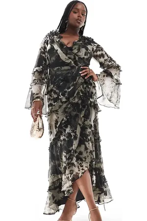 ASOS ASOS DESIGN Curve - Midikjole med flæser og længere kant bagpå i abstrakt og monokromt print - Kun hos ASOS-Multifarvet