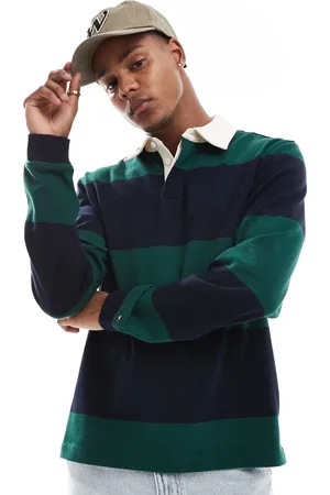 Tommy Hilfiger Marineblå og mørkegrøn rugby-trøje med striber