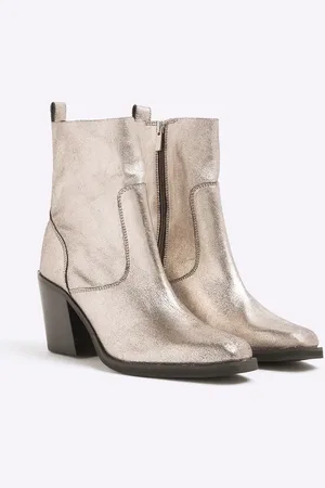 River Island Sølvfarvede højhælede cowboystøvler i læder