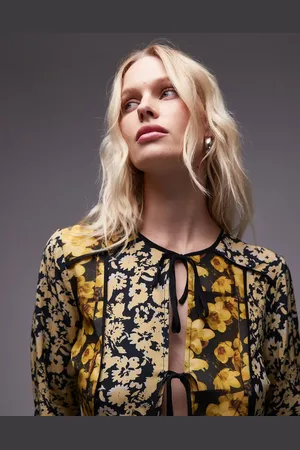 Topshop Gul patchwork-jakke med bindebånd foran og blomstret tørklædeprint