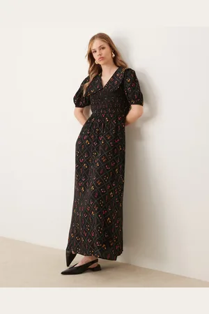 Miss Selfridge Maxikjole med krave og tern og blomsterprint-Brun