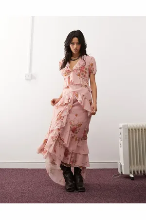 Reclaimed Pink og flagrende boho tea-maxikjole med blomsterprint-Hvid