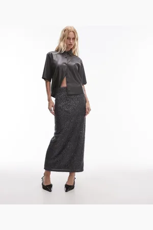 Topshop Midaxinederdel i pailletstof-Sølv