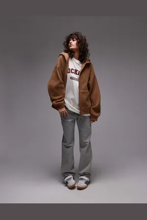 Topshop Karamelbrun fleece-hættetrøje med lynlås i imiteret lammeskind