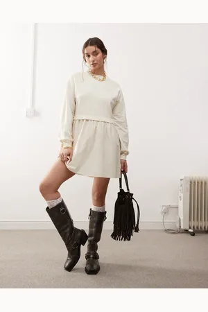 Miss Selfridge Kærnemælkshvid smock-kjole i poplin- og jerseyblanding-Multifarvet