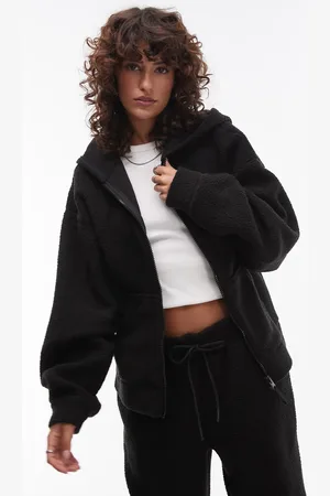 Topshop Fleece-hættetrøje med lynlås i imiteret lammeskind