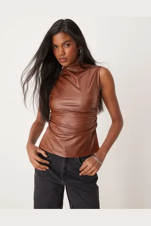ASOS Chokoladebrun højhalset rynket top med vådt look - Del af sæt