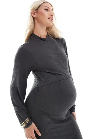 Mama;licious Mamalicious Maternity - Langærmet sort midikjole i jersey-Grå