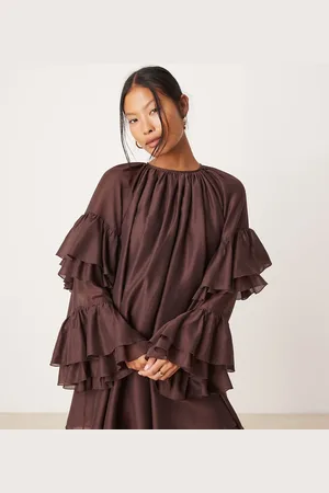 ASOS ASOS DESIGN Petite - Chokoladebrun minikjole i voile med flæseærmer-Multifarvet