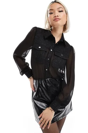Morgan Og transparent bluse med kontrastdesign i tweed og guldfarvede knapper